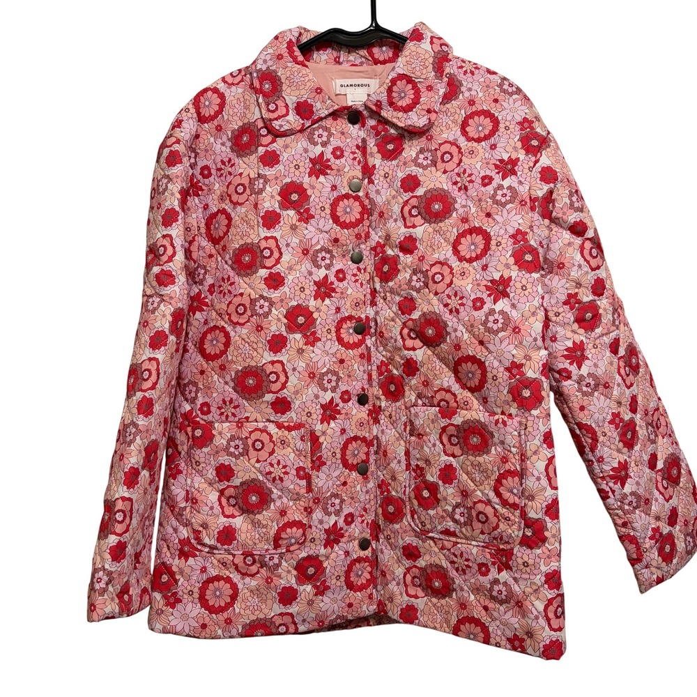 Glamorous Pink Red Retro Floral Quilted Snap Front Jacket Small Puffer Coat